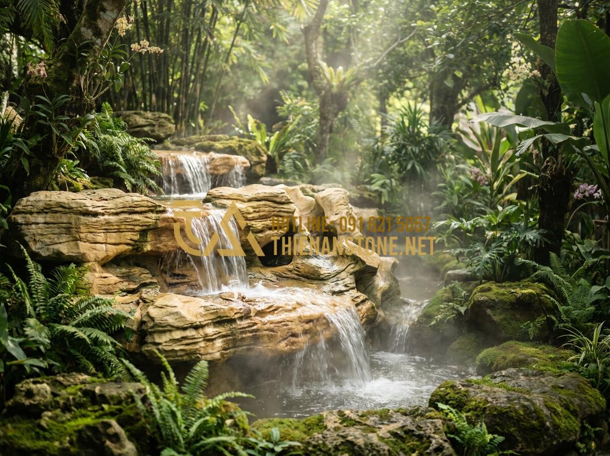 7 Ý Tưởng Thiết Kế Thác Nước Đá Cổ Thạch Phong Thủy Sinh Tài Lộc - Hình 1 7 Ý Tưởng Thiết Kế Thác Nước Đá Cổ Thạch Phong Thủy Sinh Tài Lộc - A majestic ancient stone waterfall cascading gently over layered natural rocks i