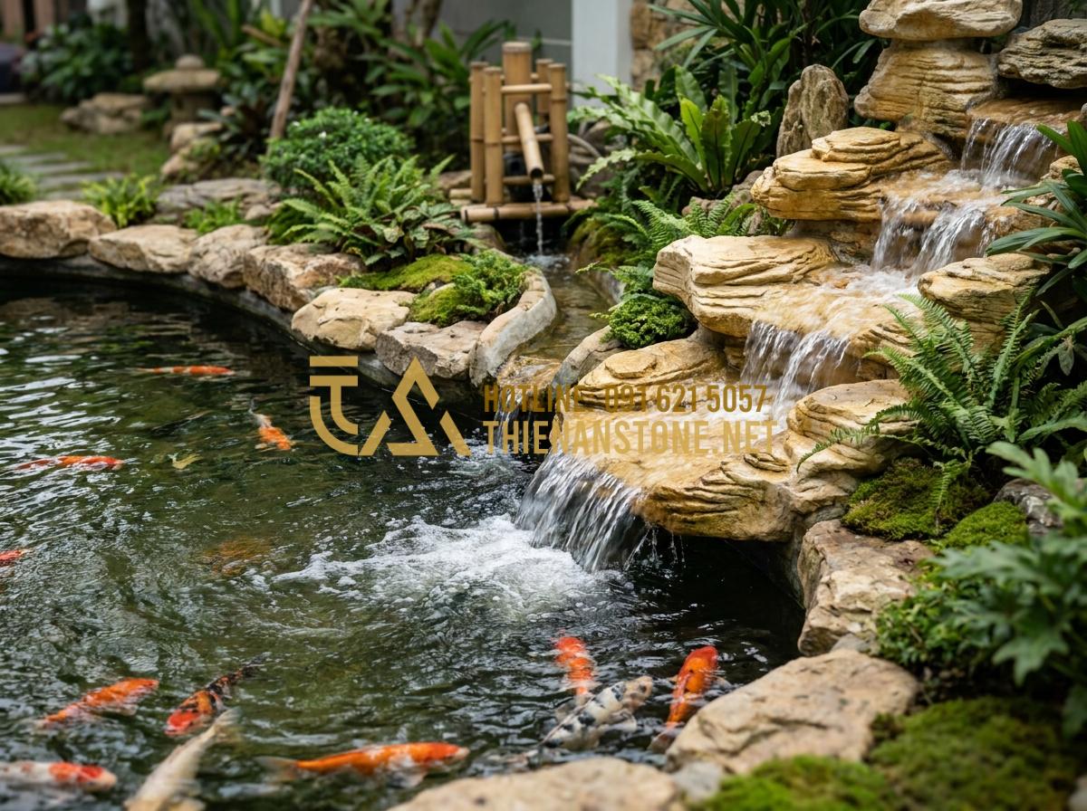 7 Ý Tưởng Thiết Kế Thác Nước Đá Cổ Thạch Phong Thủy Sinh Tài Lộc - Hình 10 7 Ý Tưởng Thiết Kế Thác Nước Đá Cổ Thạch Phong Thủy Sinh Tài Lộc - Integrated view of stone waterfall and Koi pond showing water circulation system