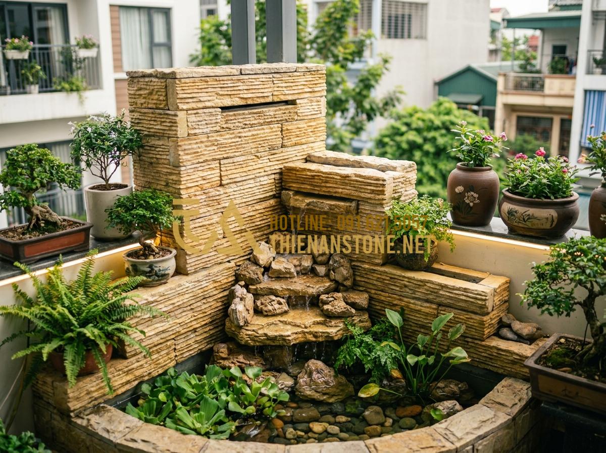 7 Ý Tưởng Thiết Kế Thác Nước Đá Cổ Thạch Phong Thủy Sinh Tài Lộc - Hình 11 7 Ý Tưởng Thiết Kế Thác Nước Đá Cổ Thạch Phong Thủy Sinh Tài Lộc - Compact mini ancient stone waterfall on a small balcony garden with cascading wa