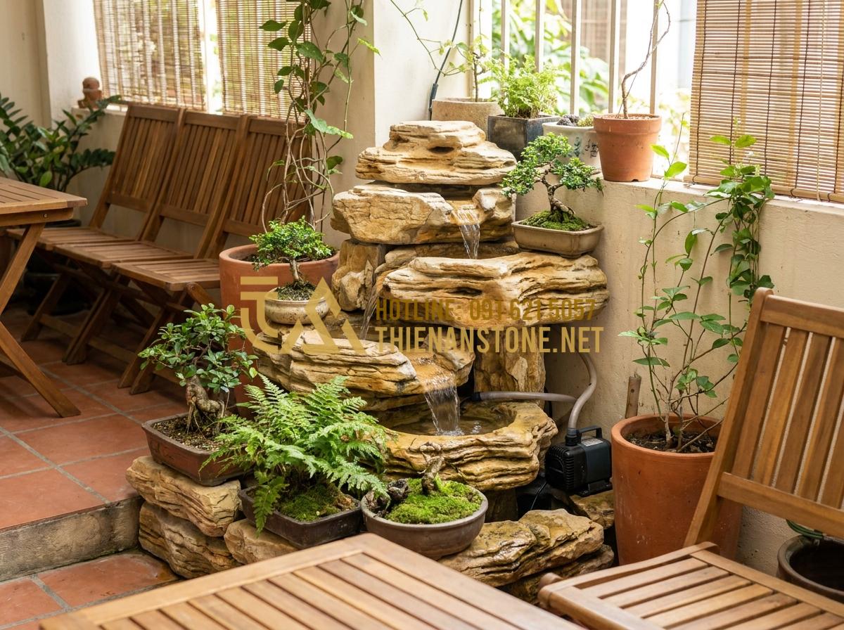 7 Ý Tưởng Thiết Kế Thác Nước Đá Cổ Thạch Phong Thủy Sinh Tài Lộc - Hình 12 7 Ý Tưởng Thiết Kế Thác Nước Đá Cổ Thạch Phong Thủy Sinh Tài Lộc - Detailed mini waterfall setup showing small-scale ancient stones, recirculating