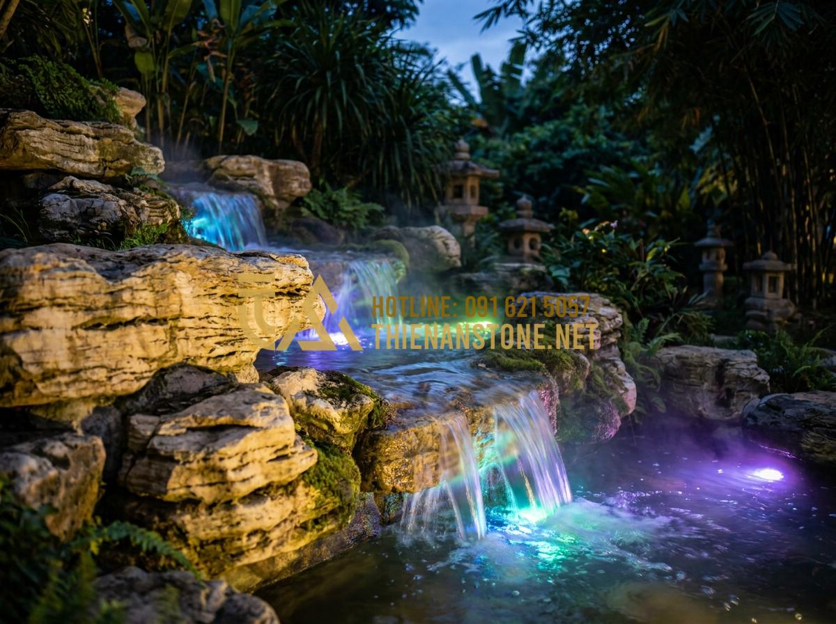 7 Ý Tưởng Thiết Kế Thác Nước Đá Cổ Thạch Phong Thủy Sinh Tài Lộc - Hình 15 7 Ý Tưởng Thiết Kế Thác Nước Đá Cổ Thạch Phong Thủy Sinh Tài Lộc - Ancient stone waterfall enhanced with colorful LED underwater lights at night, c