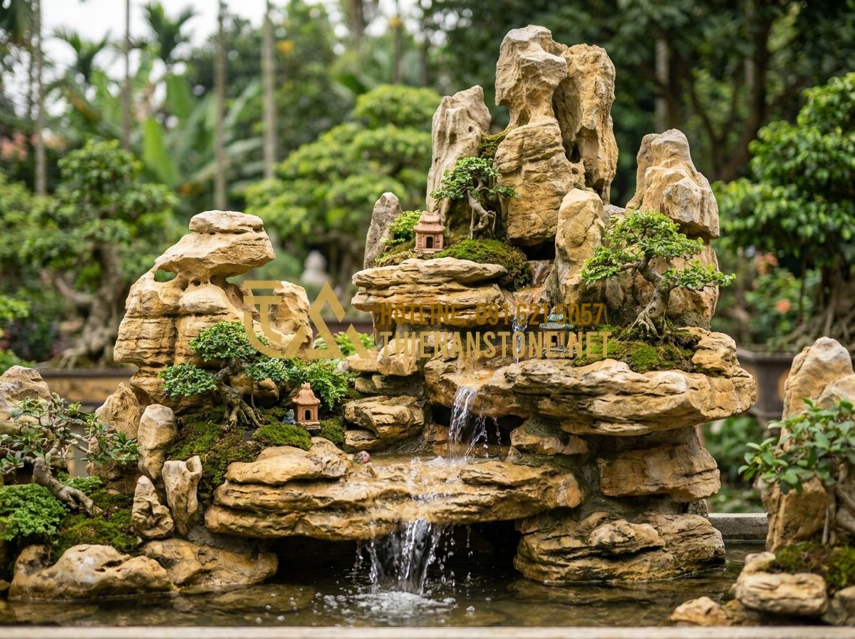 7 Ý Tưởng Thiết Kế Thác Nước Đá Cổ Thạch Phong Thủy Sinh Tài Lộc - Hình 18 7 Ý Tưởng Thiết Kế Thác Nước Đá Cổ Thạch Phong Thủy Sinh Tài Lộc - Artistic recreation of traditional non-bo ancient stone waterfall with scaled-do