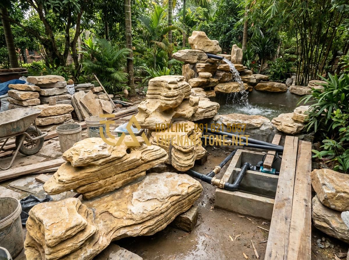 7 Ý Tưởng Thiết Kế Thác Nước Đá Cổ Thạch Phong Thủy Sinh Tài Lộc - Hình 19 7 Ý Tưởng Thiết Kế Thác Nước Đá Cổ Thạch Phong Thủy Sinh Tài Lộc - Professional construction process of ancient stone waterfall showing workers ass