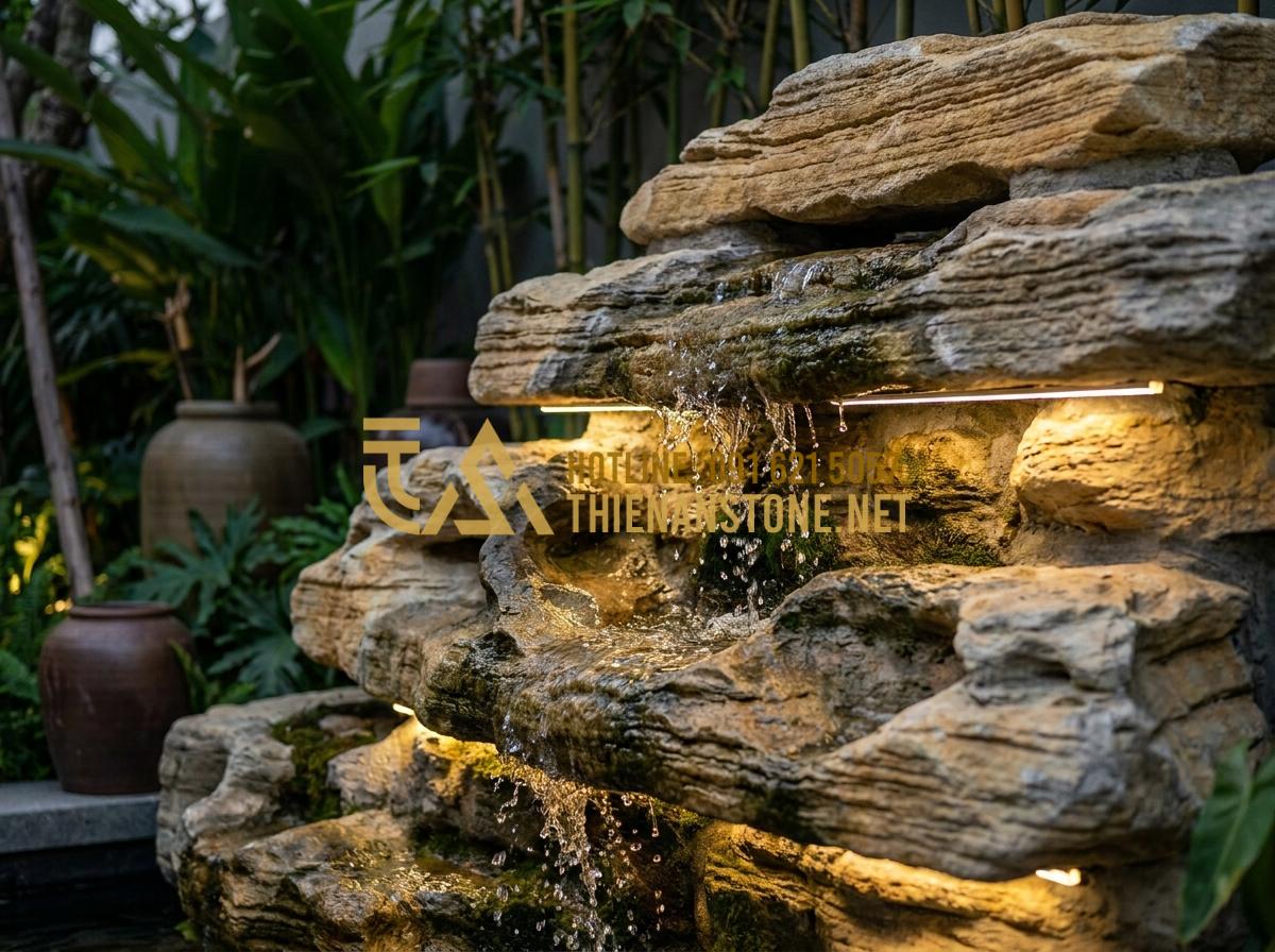 7 Ý Tưởng Thiết Kế Thác Nước Đá Cổ Thạch Phong Thủy Sinh Tài Lộc - Hình 2 7 Ý Tưởng Thiết Kế Thác Nước Đá Cổ Thạch Phong Thủy Sinh Tài Lộc - Close-up view of ancient stone waterfall details showing textured gray-black roc