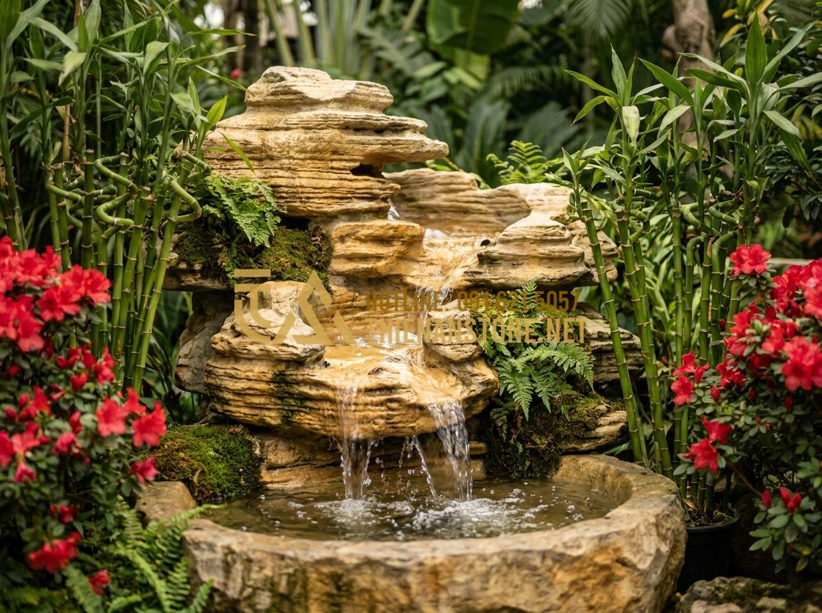 7 Ý Tưởng Thiết Kế Thác Nước Đá Cổ Thạch Phong Thủy Sinh Tài Lộc - Hình 3 7 Ý Tưởng Thiết Kế Thác Nước Đá Cổ Thạch Phong Thủy Sinh Tài Lộc - Feng shui ancient stone waterfall in an oriental garden with layered rocks, gent