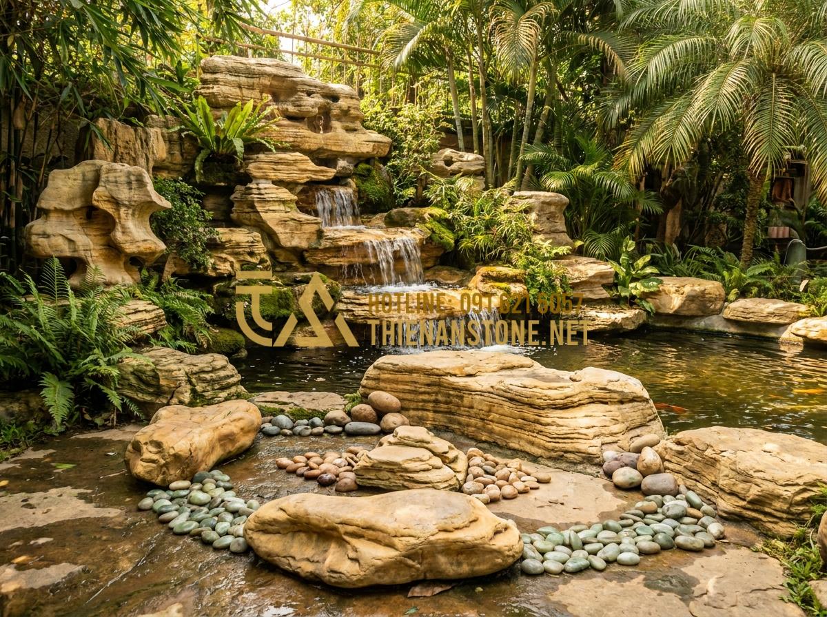 7 Ý Tưởng Thiết Kế Thác Nước Đá Cổ Thạch Phong Thủy Sinh Tài Lộc - Hình 4 7 Ý Tưởng Thiết Kế Thác Nước Đá Cổ Thạch Phong Thủy Sinh Tài Lộc - Symbolic feng shui diagram integrated with real ancient stone waterfall showing