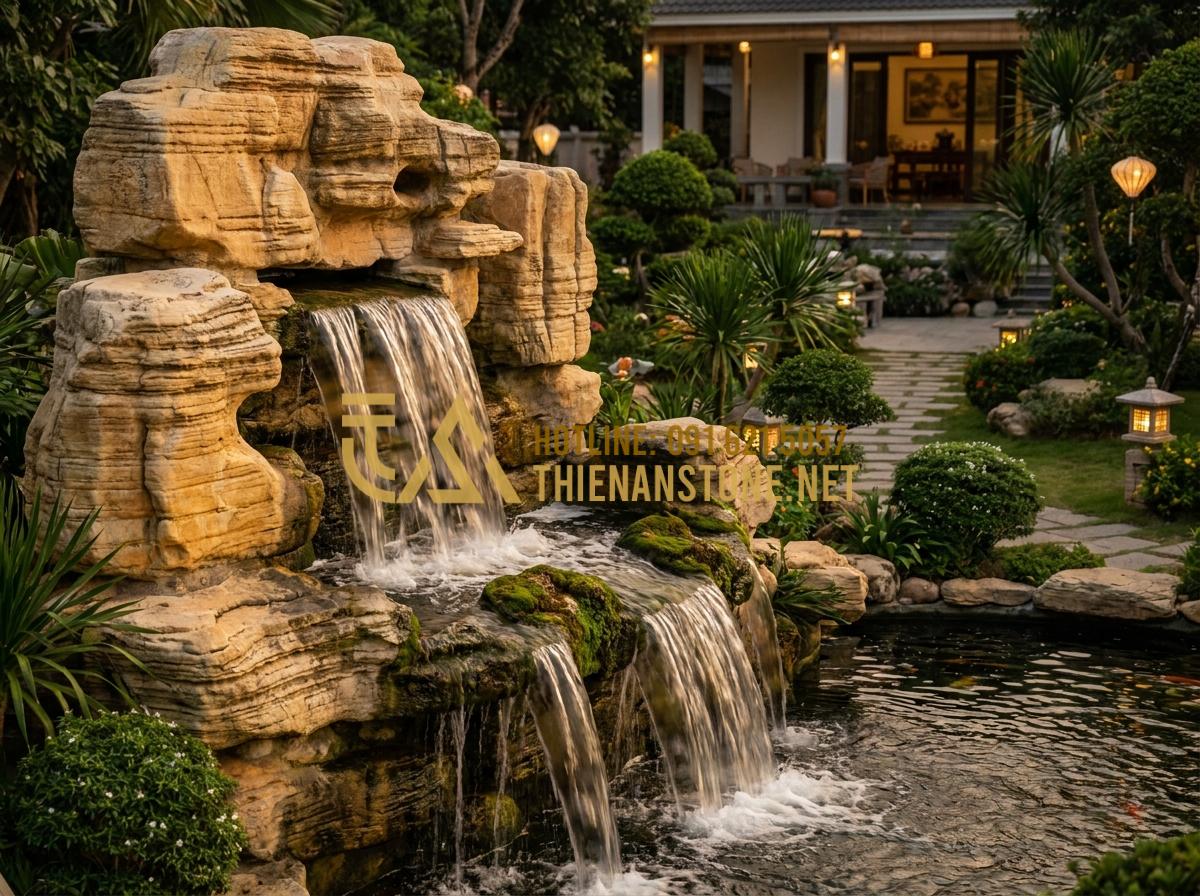 7 Ý Tưởng Thiết Kế Thác Nước Đá Cổ Thạch Phong Thủy Sinh Tài Lộc - Hình 5 7 Ý Tưởng Thiết Kế Thác Nước Đá Cổ Thạch Phong Thủy Sinh Tài Lộc - Tall cascading ancient stone waterfall over 3 meters high with multiple rock lay