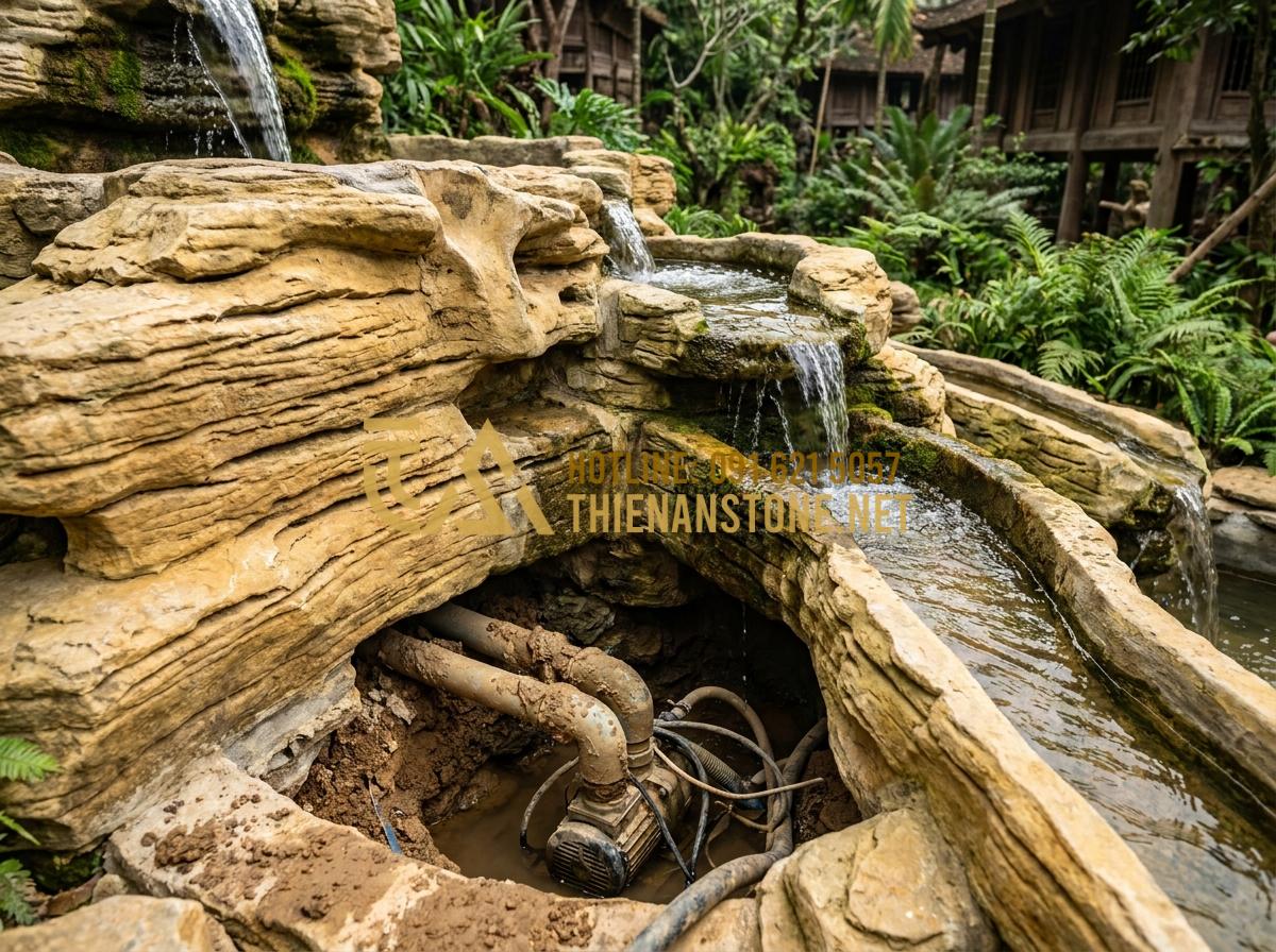 7 Ý Tưởng Thiết Kế Thác Nước Đá Cổ Thạch Phong Thủy Sinh Tài Lộc - Hình 6 7 Ý Tưởng Thiết Kế Thác Nước Đá Cổ Thạch Phong Thủy Sinh Tài Lộc - Detailed construction view of high ancient stone waterfall showing layered rock