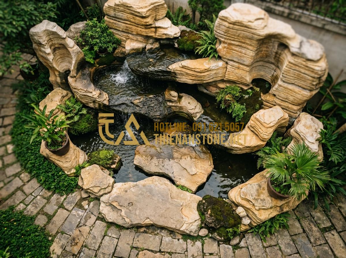 7 Ý Tưởng Thiết Kế Thác Nước Đá Cổ Thạch Phong Thủy Sinh Tài Lộc - Hình 8 7 Ý Tưởng Thiết Kế Thác Nước Đá Cổ Thạch Phong Thủy Sinh Tài Lộc - Aerial perspective of naturally winding ancient stone waterfall design showing r