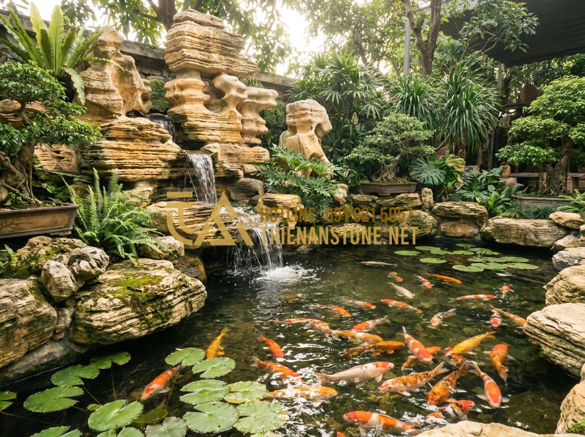 7 Ý Tưởng Thiết Kế Thác Nước Đá Cổ Thạch Phong Thủy Sinh Tài Lộc - Hình 9 7 Ý Tưởng Thiết Kế Thác Nước Đá Cổ Thạch Phong Thủy Sinh Tài Lộc - Ancient stone waterfall flowing directly into a vibrant Koi pond with colorful f
