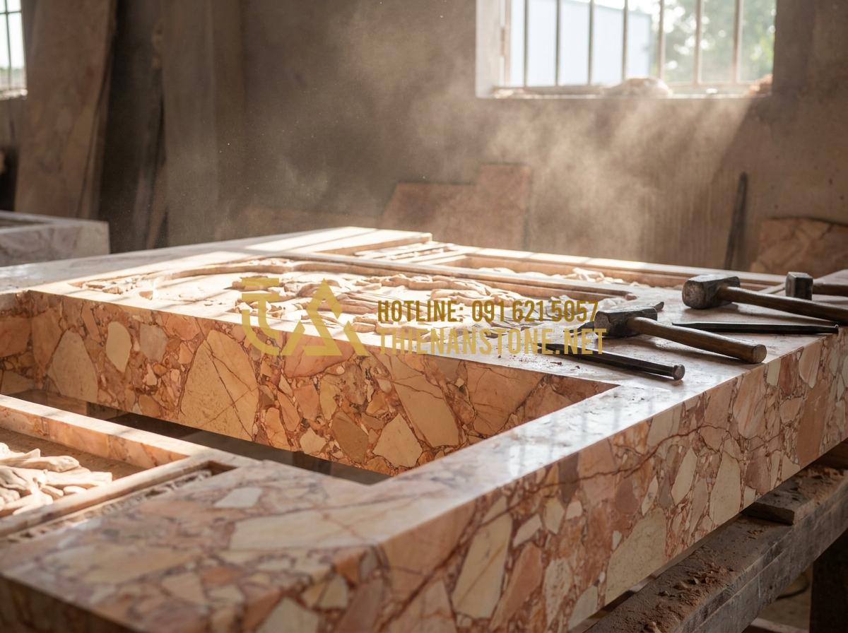 99+ Mẫu Bàn Thờ Ngoài Trời Đẹp Bằng Đá Tự Nhiên Tinh Xảo Nhất 2026 - Hình 6 99+ Mẫu Bàn Thờ Ngoài Trời Đẹp Bằng Đá Tự Nhiên Tinh Xảo Nhất 2026 - Tạo ảnh tiếng Anh: A high-resolution photo of stone artisans at Thien An Stone W