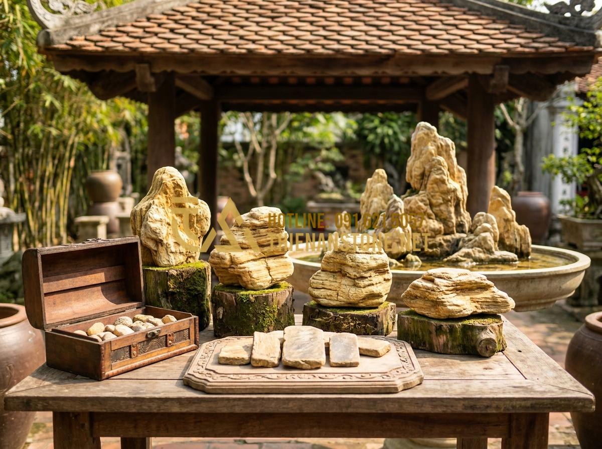 99+ Mẫu Hòn Non Bộ Đá Cổ Thạch Đẹp Hút Hồn & Bảng Giá Thi Công Trọn Gói - Hình 13 99+ Mẫu Hòn Non Bộ Đá Cổ Thạch Đẹp Hút Hồn & Bảng Giá Thi Công Trọn Gói - Professional pricing table and material samples display for ancient stone hòn no