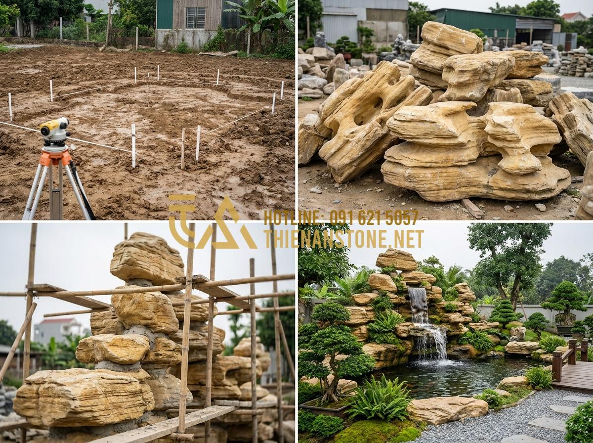99+ Mẫu Hòn Non Bộ Đá Cổ Thạch Đẹp Hút Hồn & Bảng Giá Thi Công Trọn Gói - Hình 15 99+ Mẫu Hòn Non Bộ Đá Cổ Thạch Đẹp Hút Hồn & Bảng Giá Thi Công Trọn Gói - Step-by-step professional construction process of large ancient stone rockery in