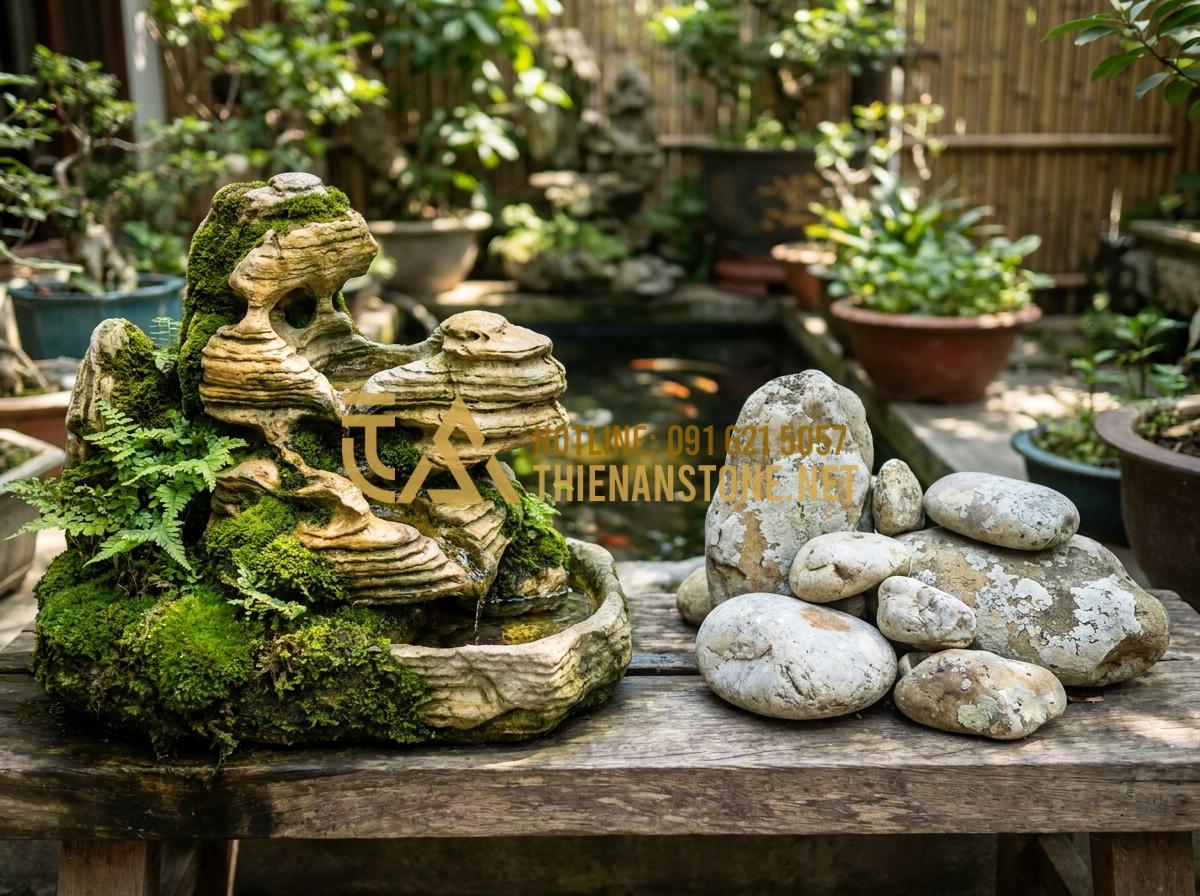 99+ Mẫu Hòn Non Bộ Đá Cổ Thạch Đẹp Hút Hồn & Bảng Giá Thi Công Trọn Gói - Hình 5 99+ Mẫu Hòn Non Bộ Đá Cổ Thạch Đẹp Hút Hồn & Bảng Giá Thi Công Trọn Gói - Comparison photo showing durable ancient stone hòn non bộ with rich moss coverag