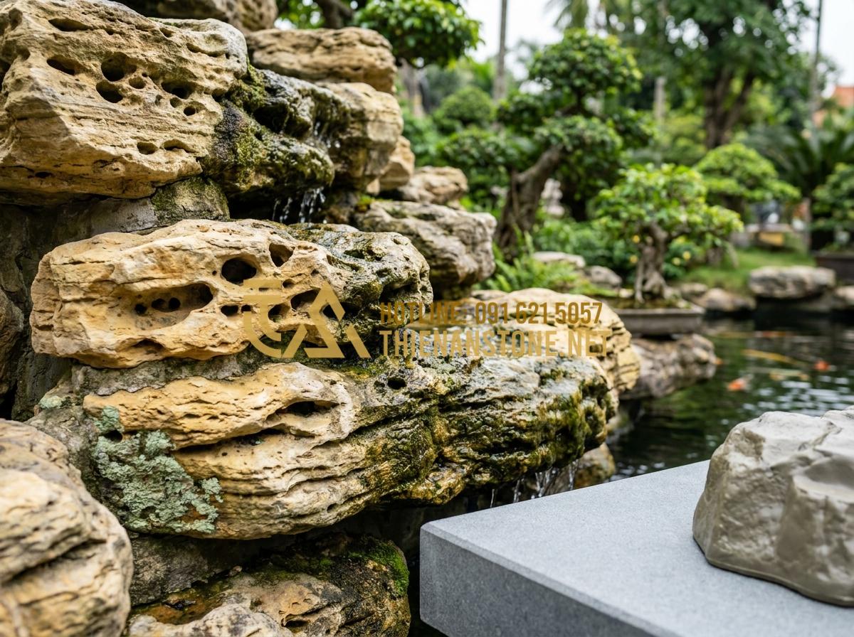 99+ Mẫu Hòn Non Bộ Đá Cổ Thạch Đẹp Hút Hồn & Bảng Giá Thi Công Trọn Gói - Hình 6 99+ Mẫu Hòn Non Bộ Đá Cổ Thạch Đẹp Hút Hồn & Bảng Giá Thi Công Trọn Gói - High-quality ancient stone rockery details showing natural pores, color variatio