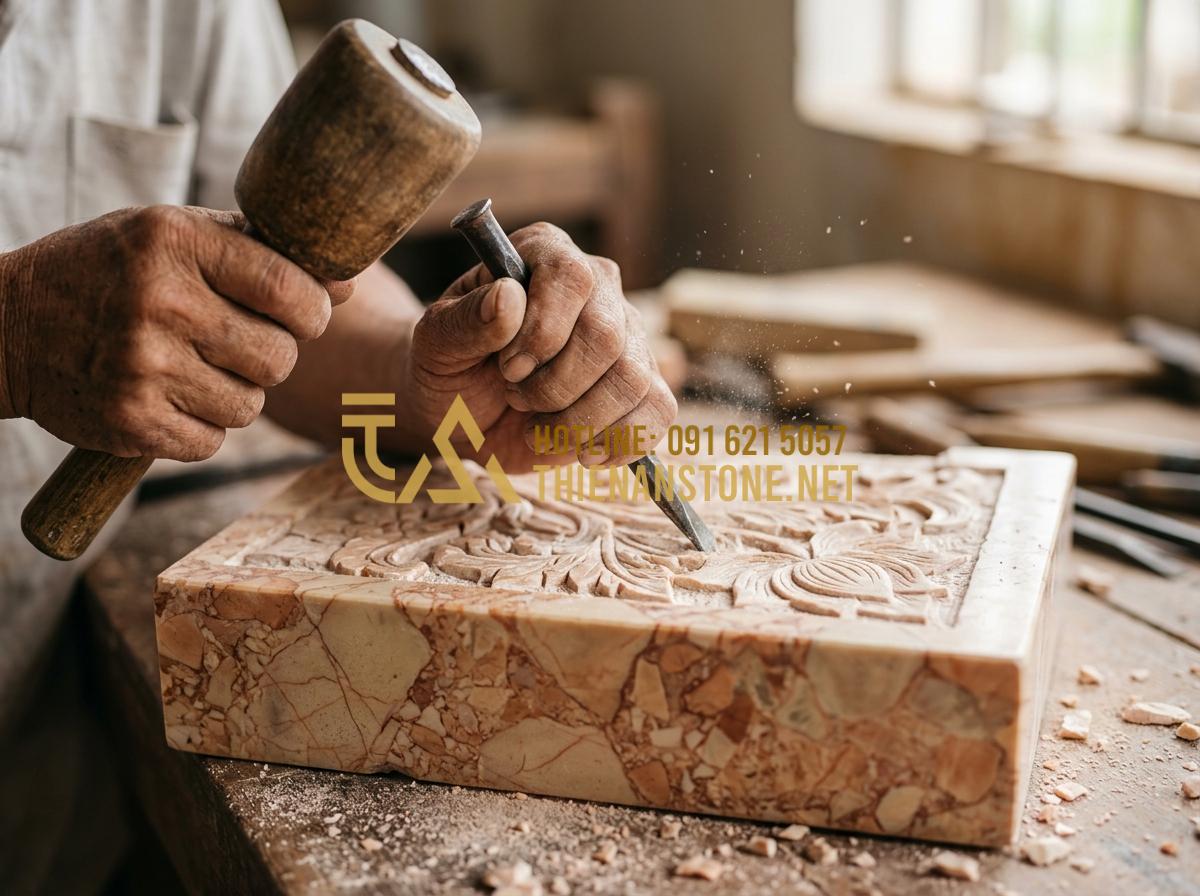 99+ Mẫu phù điêu đá đẹp nhất cho biệt thự, lâu đài và công trình tâm linh - Hình 1 99+ Mẫu phù điêu đá đẹp nhất cho biệt thự, lâu đài và công trình tâm linh - Tạo ảnh tiếng Anh: [A high-detail close-up of a master artisan's hands using a c