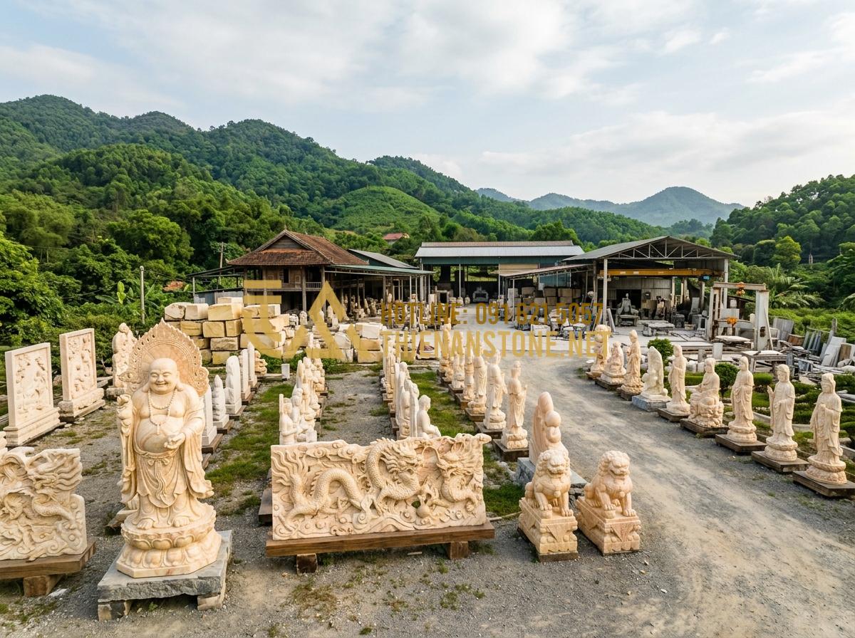 99+ Mẫu phù điêu đá đẹp nhất cho biệt thự, lâu đài và công trình tâm linh - Hình 8 99+ Mẫu phù điêu đá đẹp nhất cho biệt thự, lâu đài và công trình tâm linh - Tạo ảnh tiếng Anh: [A wide landscape shot of Xưởng Đá Mỹ Nghệ Thiên An workshop