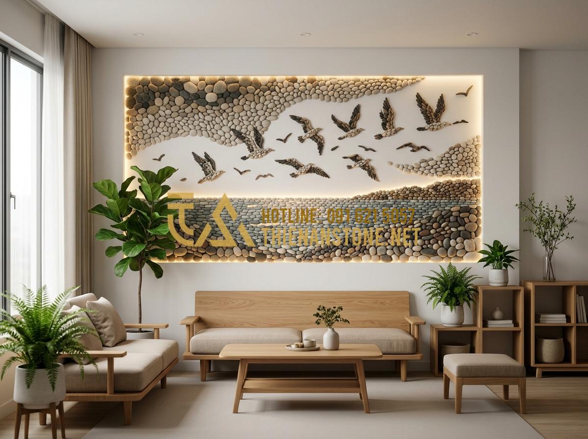99+ Mẫu tranh đá cuội nghệ thuật đẹp và đẳng cấp nhất xu hướng 2026 - Hình 2 99+ Mẫu tranh đá cuội nghệ thuật đẹp và đẳng cấp nhất xu hướng 2026 - Tạo ảnh tiếng Anh: A wide-angle shot of a minimalist modern living room with a l