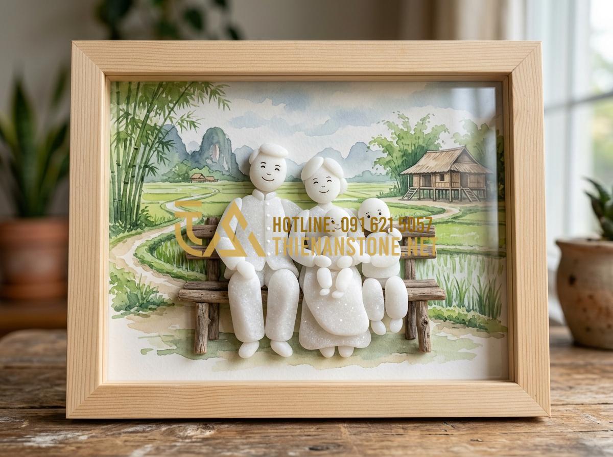 99+ Mẫu tranh đá cuội nghệ thuật đẹp và đẳng cấp nhất xu hướng 2026 - Hình 3 99+ Mẫu tranh đá cuội nghệ thuật đẹp và đẳng cấp nhất xu hướng 2026 - Tạo ảnh tiếng Anh: A detailed pebble art portrait of a happy family, father, mot
