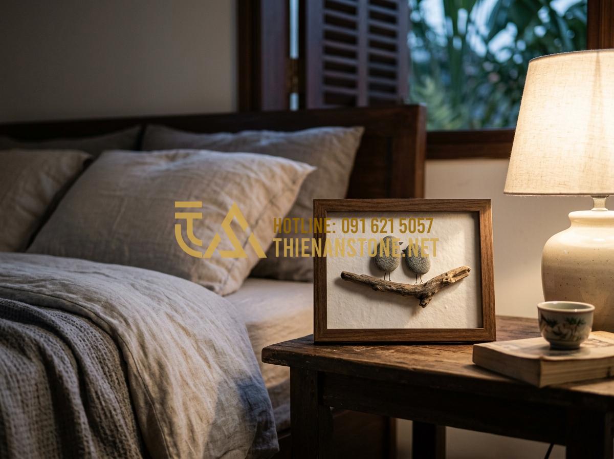 99+ Mẫu tranh đá cuội nghệ thuật đẹp và đẳng cấp nhất xu hướng 2026 - Hình 4 99+ Mẫu tranh đá cuội nghệ thuật đẹp và đẳng cấp nhất xu hướng 2026 - Tạo ảnh tiếng Anh: A cozy bedroom interior with a small, elegant pebble art piec