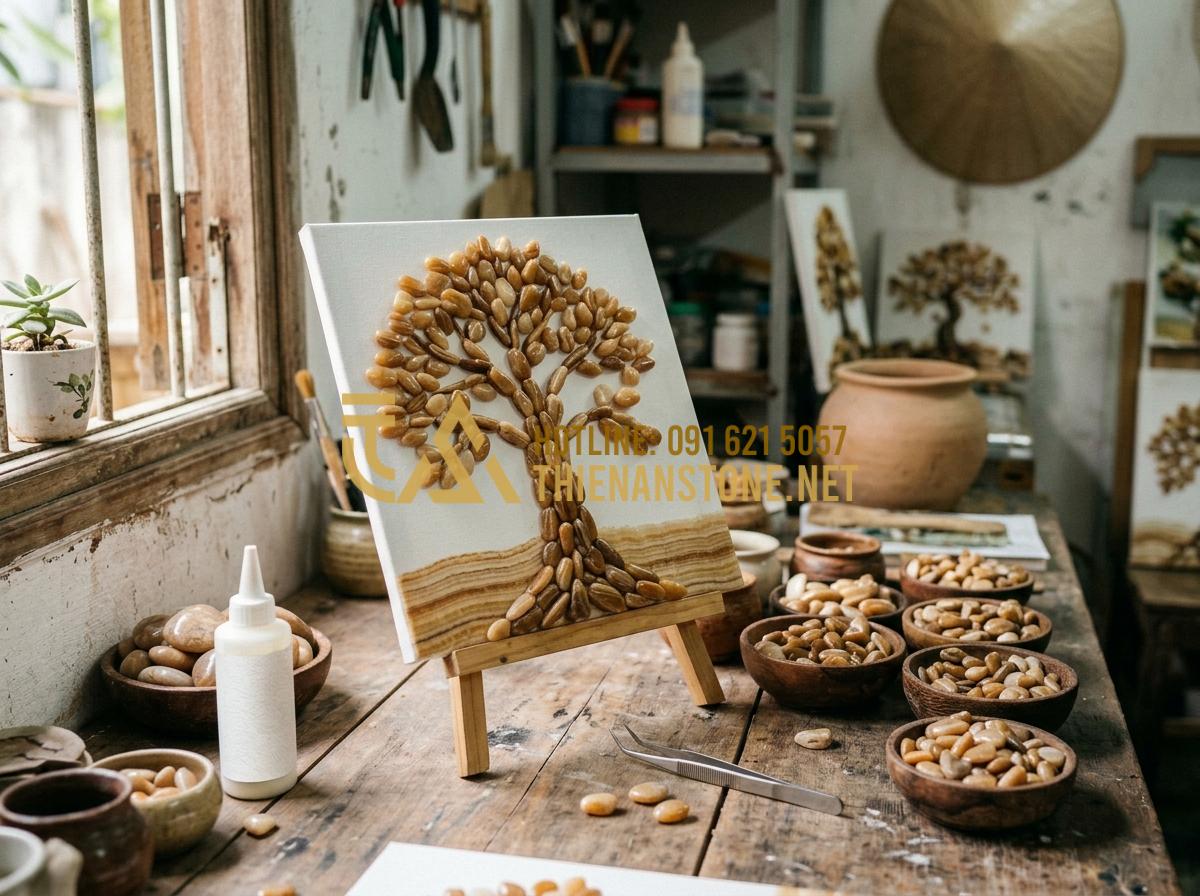 99+ Mẫu tranh đá cuội nghệ thuật đẹp và đẳng cấp nhất xu hướng 2026 - Hình 5 99+ Mẫu tranh đá cuội nghệ thuật đẹp và đẳng cấp nhất xu hướng 2026 - Tạo ảnh tiếng Anh: An artisan's workshop table showing the process of making peb