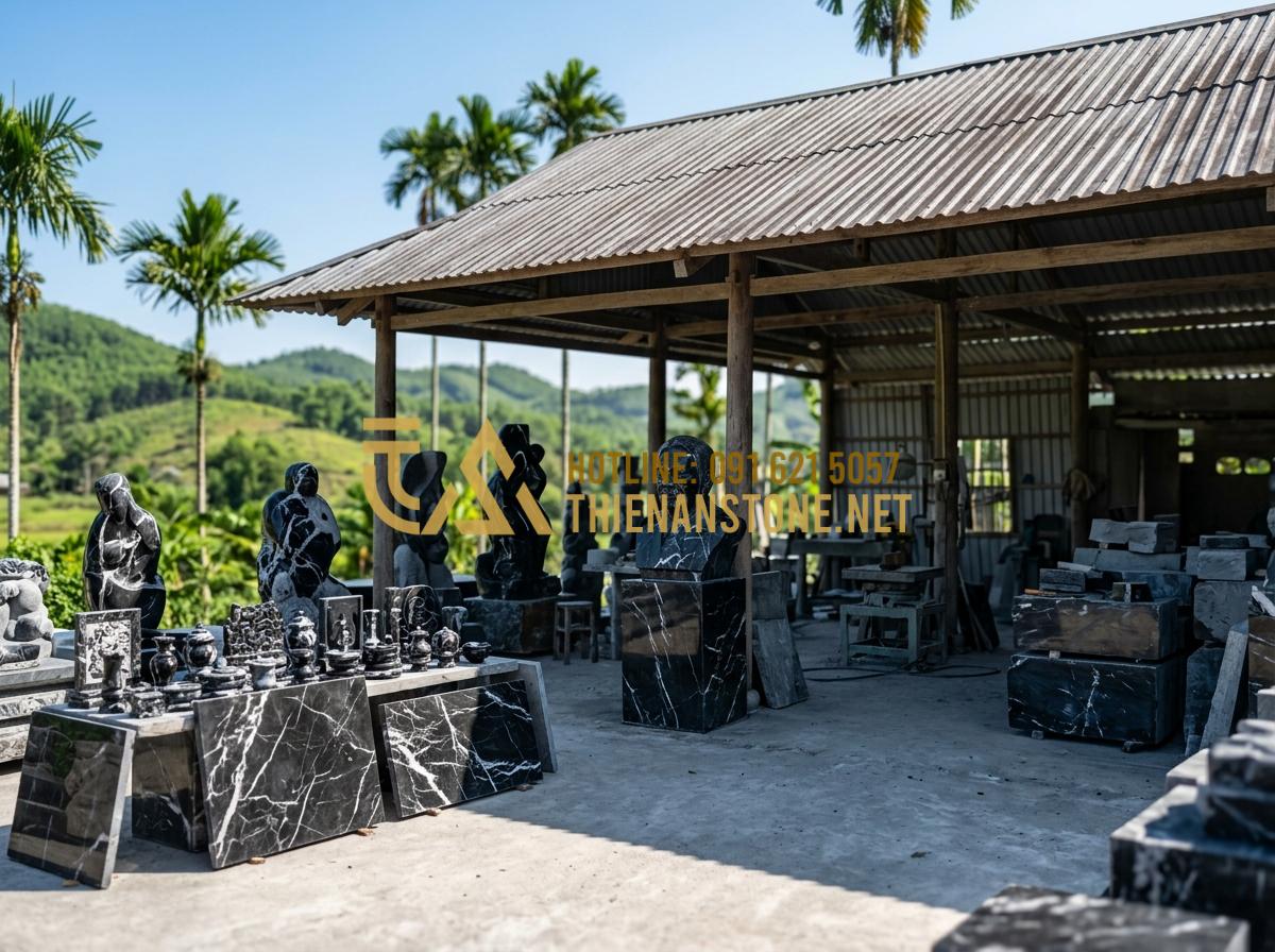 99+ Mẫu tranh đá cuội nghệ thuật đẹp và đẳng cấp nhất xu hướng 2026 - Hình 8 99+ Mẫu tranh đá cuội nghệ thuật đẹp và đẳng cấp nhất xu hướng 2026 - Tạo ảnh tiếng Anh: An exterior shot of the "Thien An Stone" workshop in a rural
