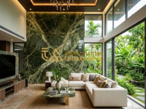 99+ Mẫu tranh đá tự nhiên ốp tường đẹp nhất cho phòng khách sang trọng - Tạo ảnh tiếng Anh: A majestic luxury living room featuring a massive natural sto