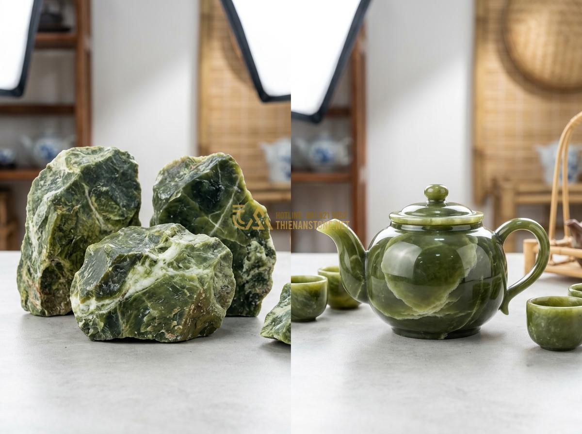Ấm Chén Đá Serpentine Là Gì? 5 Lý Do Giới Trà Đạo Săn Lùng Ráo Riết - Hình 4 Ấm Chén Đá Serpentine Là Gì? 5 Lý Do Giới Trà Đạo Săn Lùng Ráo Riết - Tạo ảnh tiếng Anh: A detailed comparison of various Serpentine stone pieces in a