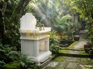 Am Thờ Ngoài Trời: Kích Thước Xây Dựng Và Cách Đặt Am Thờ Chuẩn Phong Thủy - Tạo ảnh tiếng Anh: A high-end stone outdoor altar (am thờ ngoài trời) placed in