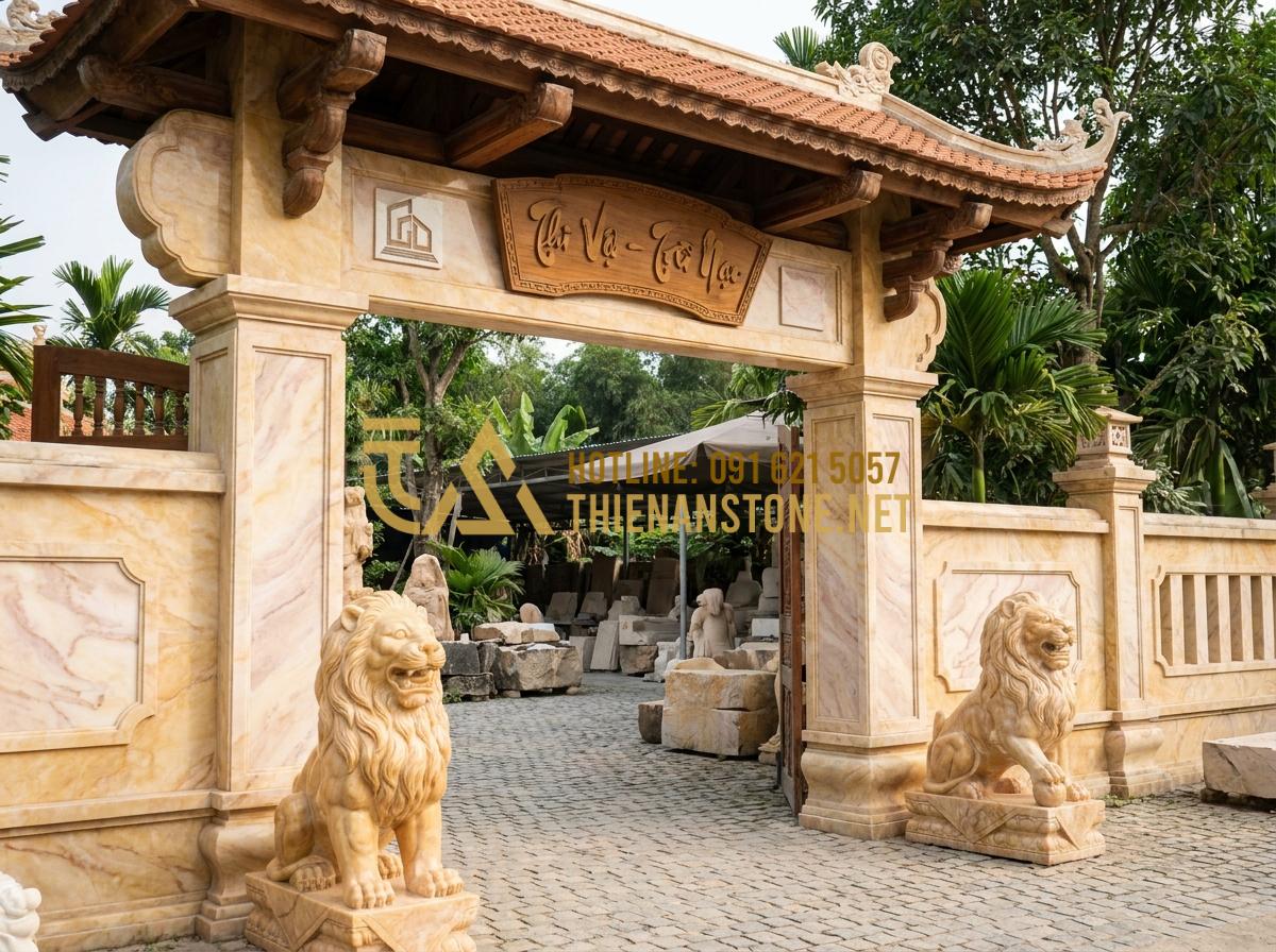 Am Thờ Ngoài Trời: Kích Thước Xây Dựng Và Cách Đặt Am Thờ Chuẩn Phong Thủy - Tạo ảnh tiếng Anh: The professional logo and entrance of Thien An Stone workshop