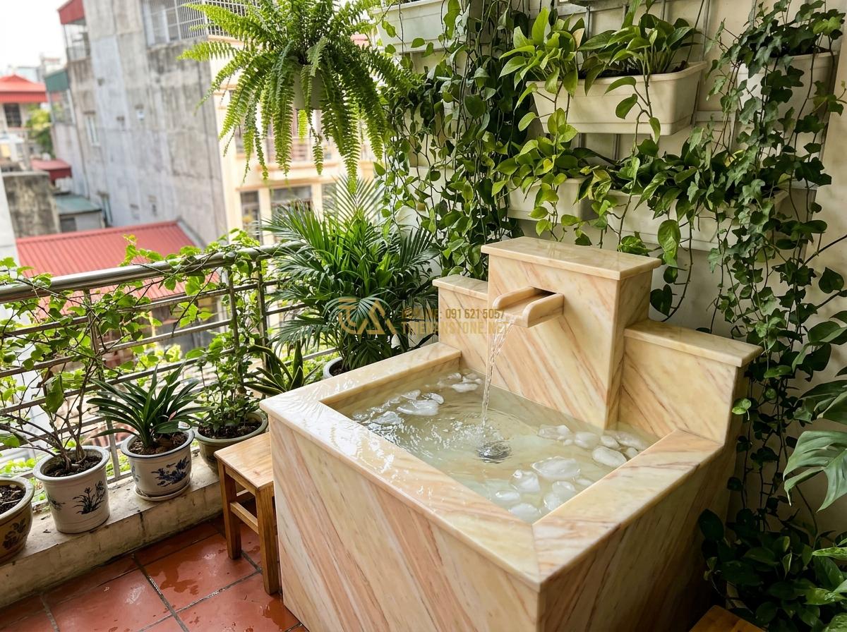 Ang Đựng Nước Bằng Đá Tự Nhiên: Lợi Ích, Đặc Điểm Và Ứng Dụng Thực Tế - Hình 12 Ang Đựng Nước Bằng Đá Tự Nhiên: Lợi Ích, Đặc Điểm Và Ứng Dụng Thực Tế - Small ang nước đá ban công in urban apartment setting with water gently flowing