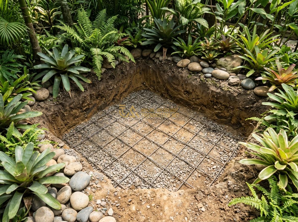 Ang Đựng Nước Bằng Đá Tự Nhiên: Lợi Ích, Đặc Điểm Và Ứng Dụng Thực Tế - Hình 13 Ang Đựng Nước Bằng Đá Tự Nhiên: Lợi Ích, Đặc Điểm Và Ứng Dụng Thực Tế - Step-by-step installation process of natural stone water ang showing foundation