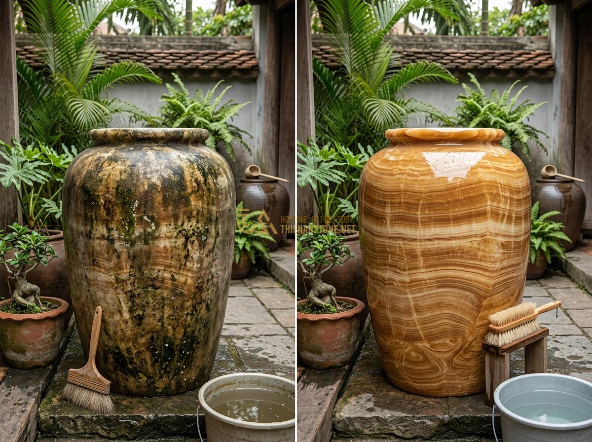 Ang Đựng Nước Bằng Đá Tự Nhiên: Lợi Ích, Đặc Điểm Và Ứng Dụng Thực Tế - Hình 15 Ang Đựng Nước Bằng Đá Tự Nhiên: Lợi Ích, Đặc Điểm Và Ứng Dụng Thực Tế - Maintenance demonstration of cleaning a stone water jar with soft brush and wate