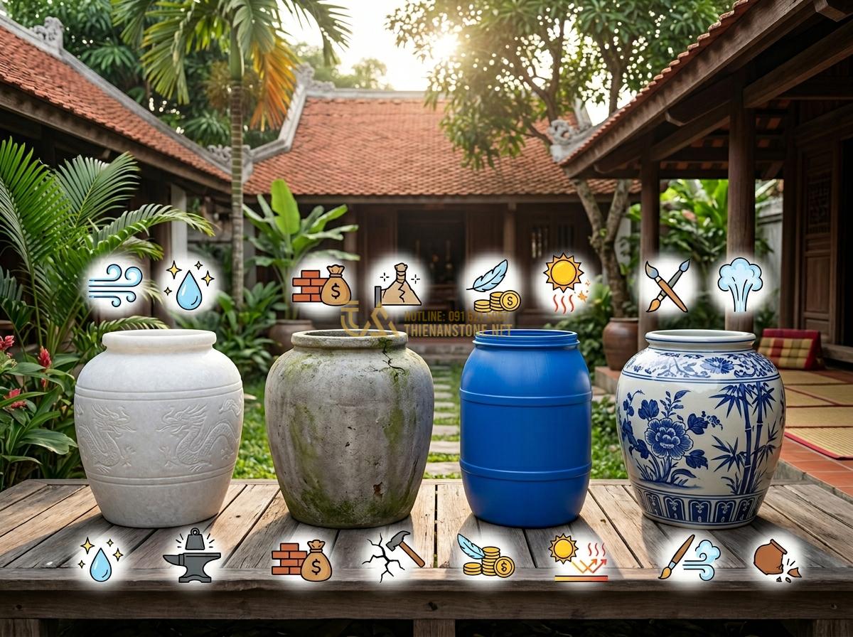 Ang Đựng Nước Bằng Đá Tự Nhiên: Lợi Ích, Đặc Điểm Và Ứng Dụng Thực Tế - Hình 17 Ang Đựng Nước Bằng Đá Tự Nhiên: Lợi Ích, Đặc Điểm Và Ứng Dụng Thực Tế - Side by side comparison chart visual of different water jar materials including