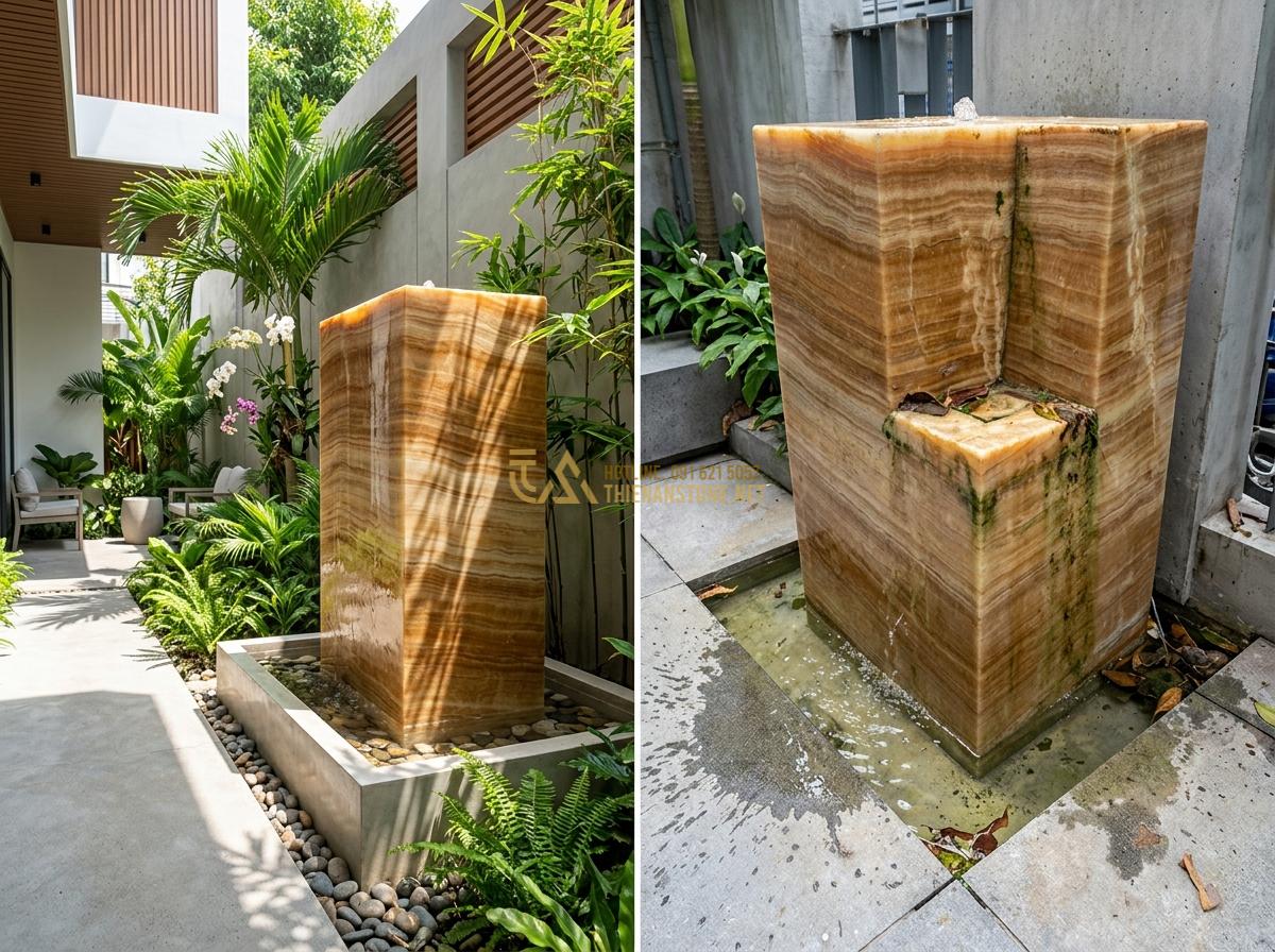 Ang Nước Bằng Đá Cho Sân Vườn Nhỏ Và Ban Công: Top Mẫu Đẹp Giá Tốt - Hình 14 Ang Nước Bằng Đá Cho Sân Vườn Nhỏ Và Ban Công: Top Mẫu Đẹp Giá Tốt - Realistic pros and cons visual of monolithic stone water feature used in small m