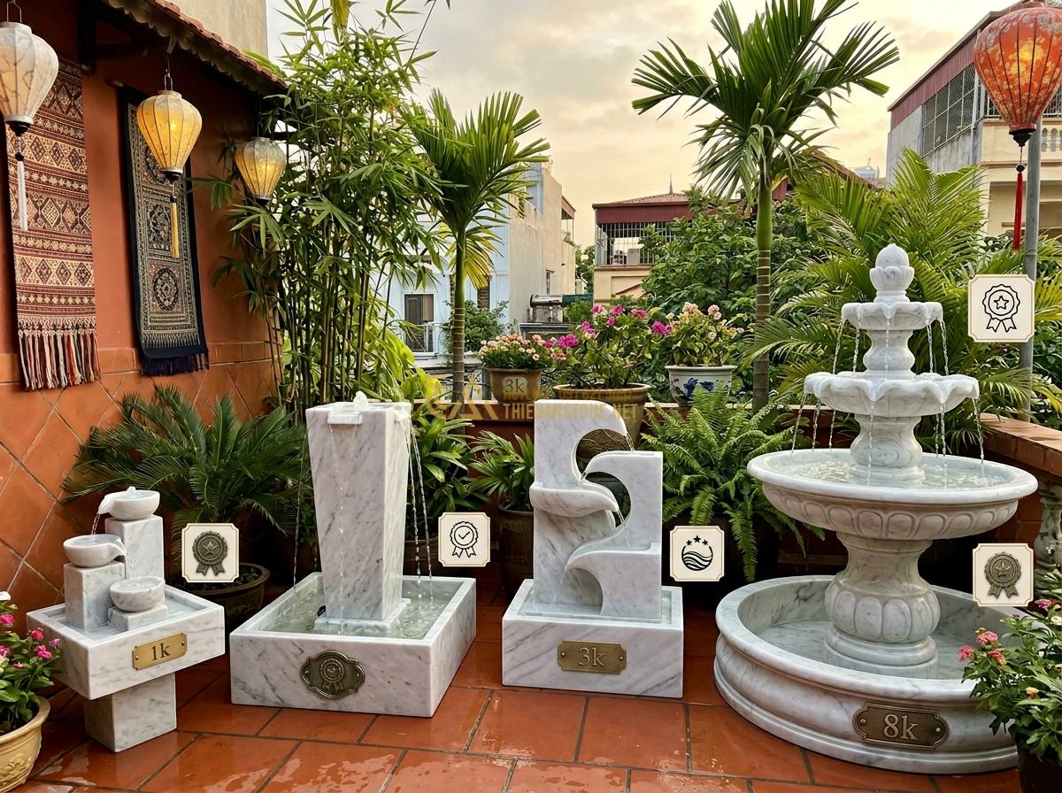 Ang Nước Bằng Đá Cho Sân Vườn Nhỏ Và Ban Công: Top Mẫu Đẹp Giá Tốt - Hình 19 Ang Nước Bằng Đá Cho Sân Vườn Nhỏ Và Ban Công: Top Mẫu Đẹp Giá Tốt - Price range display of various stone water features for balcony and small garden