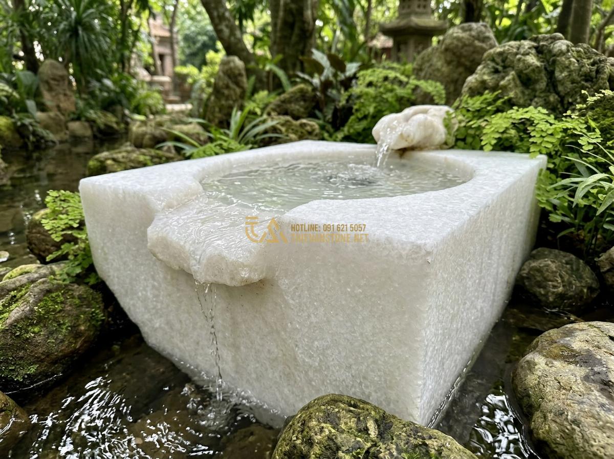 Ang Nước Bằng Đá Cho Sân Vườn Nhỏ Và Ban Công: Top Mẫu Đẹp Giá Tốt - Hình 2 Ang Nước Bằng Đá Cho Sân Vườn Nhỏ Và Ban Công: Top Mẫu Đẹp Giá Tốt - Close-up view of handcrafted monolithic stone water feature basin showing natura