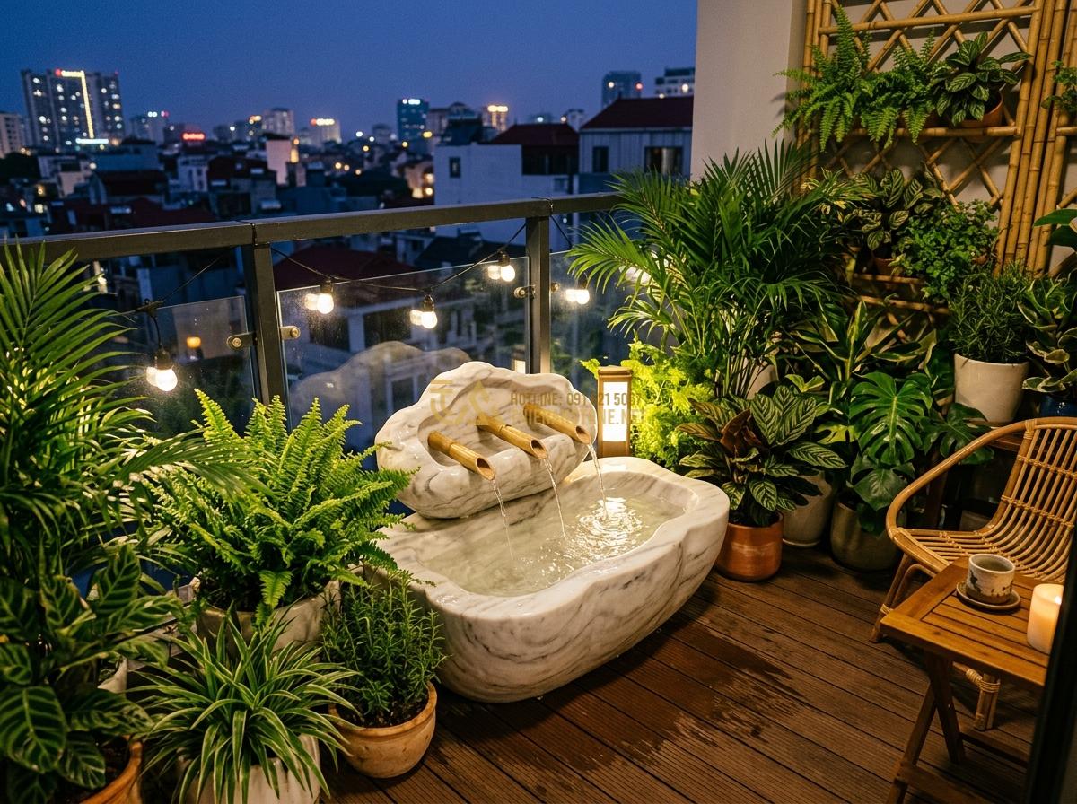 Ang Nước Bằng Đá Cho Sân Vườn Nhỏ Và Ban Công: Top Mẫu Đẹp Giá Tốt - Hình 3 Ang Nước Bằng Đá Cho Sân Vườn Nhỏ Và Ban Công: Top Mẫu Đẹp Giá Tốt - Beautiful small stone water basin fountain on a modern compact balcony with lush