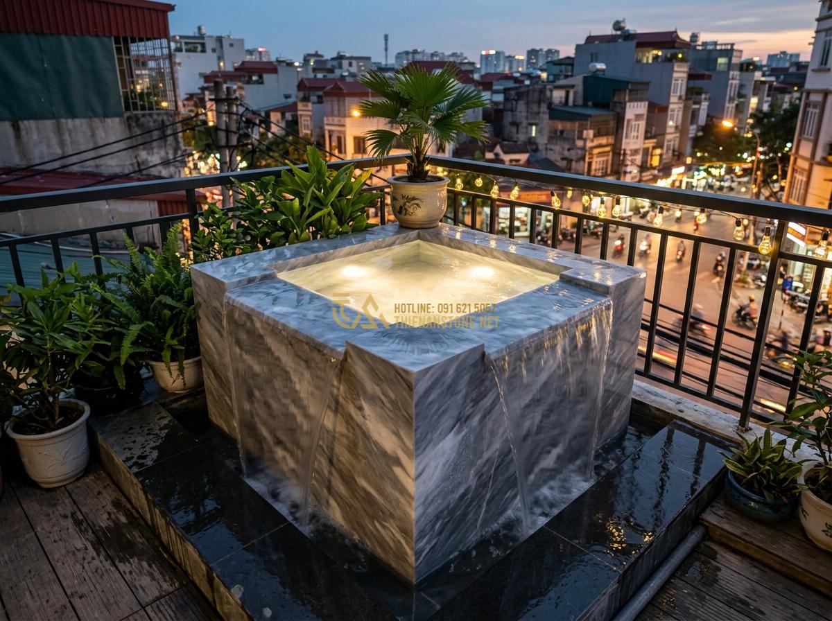 Ang Nước Bằng Đá Cho Sân Vườn Nhỏ Và Ban Công: Top Mẫu Đẹp Giá Tốt - Hình 8 Ang Nước Bằng Đá Cho Sân Vườn Nhỏ Và Ban Công: Top Mẫu Đẹp Giá Tốt - Square modern marble stone water basin with LED lights and overflowing water eff