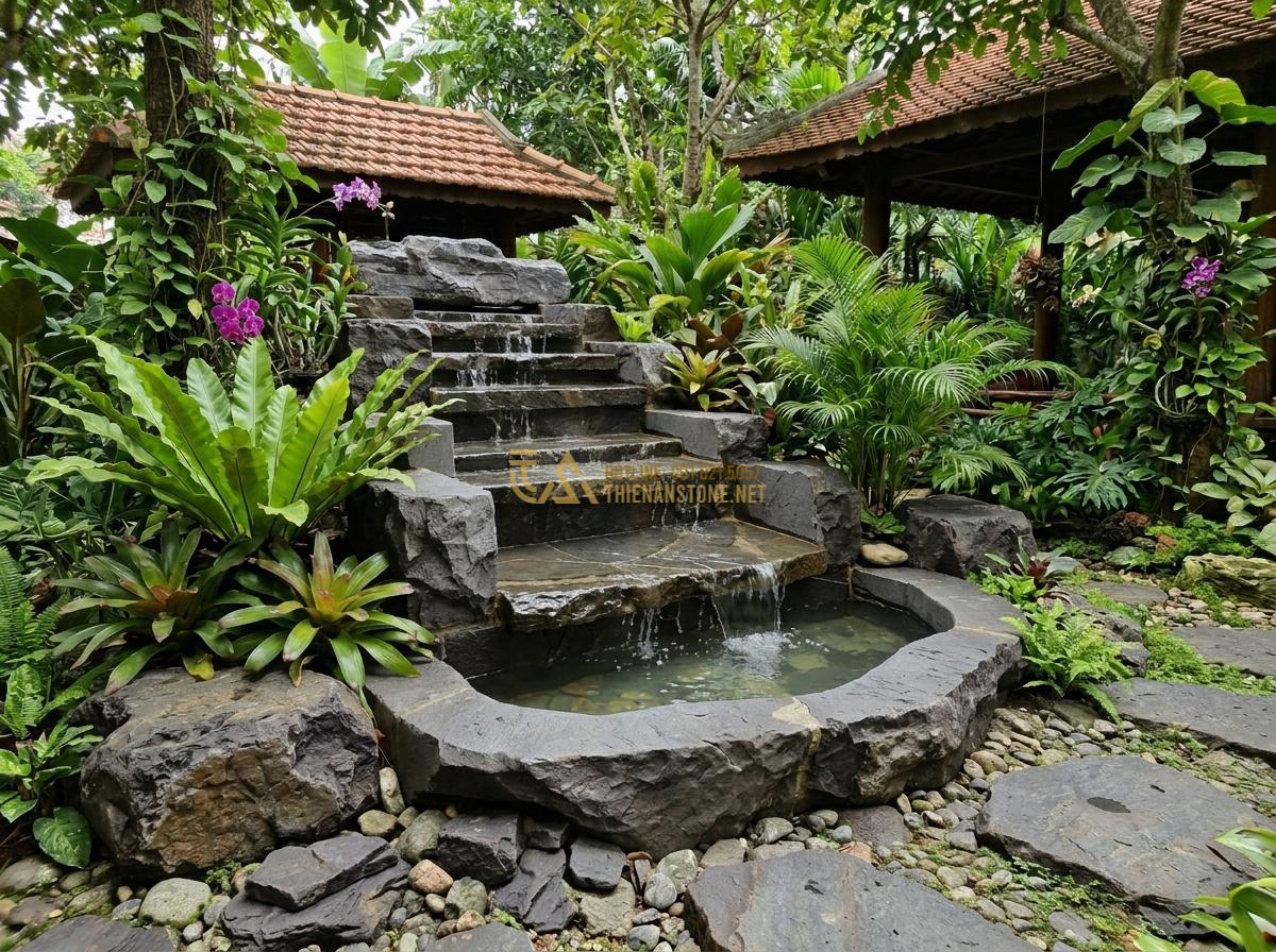 Ang Nước Bằng Đá Cho Sân Vườn Nhỏ Và Ban Công: Top Mẫu Đẹp Giá Tốt - Hình 9 Ang Nước Bằng Đá Cho Sân Vườn Nhỏ Và Ban Công: Top Mẫu Đẹp Giá Tốt - Rustic basalt stone water feature with layered rocks in a small backyard garden