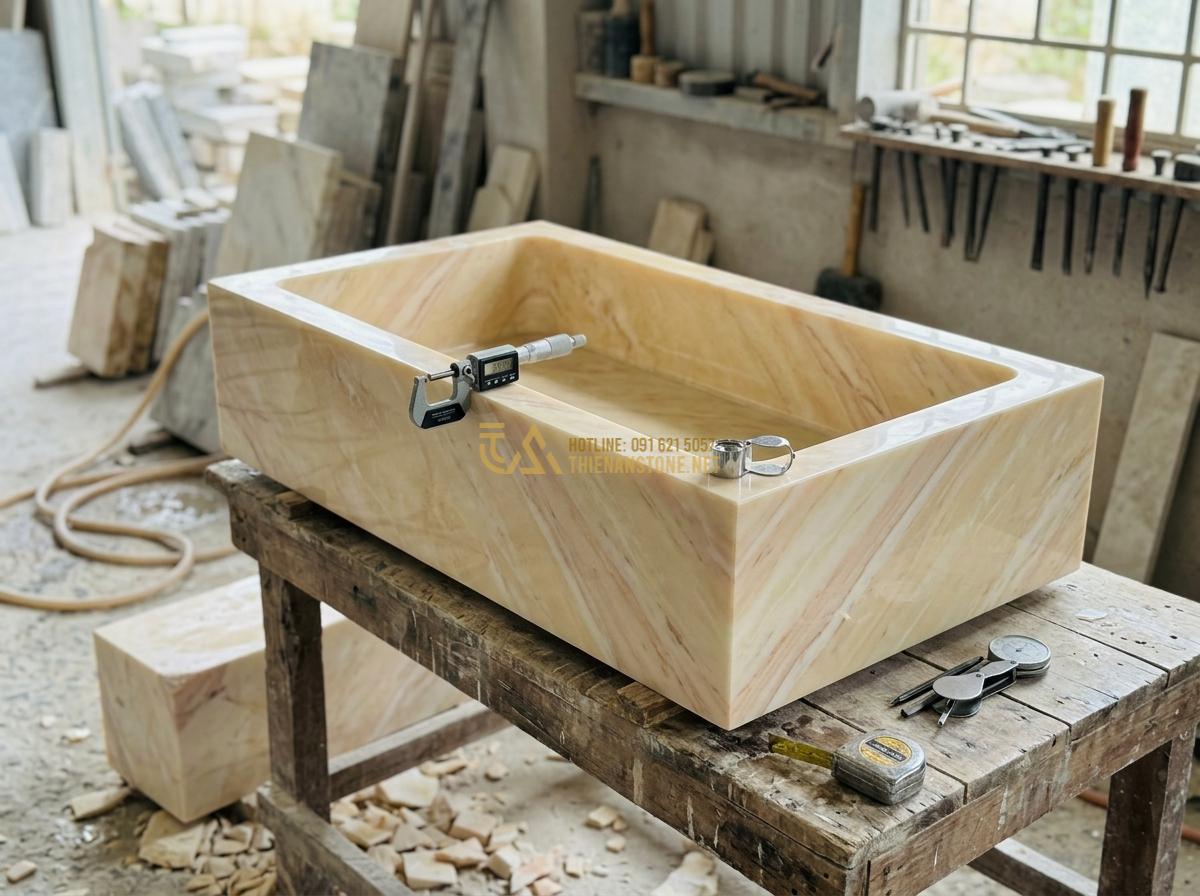 Ang Nước Bằng Đá Nguyên Khối Có Tốt Không? Ưu Nhược Điểm Thực Tế 2026 - Professional inspection of monolithic stone water basin quality checking thickne