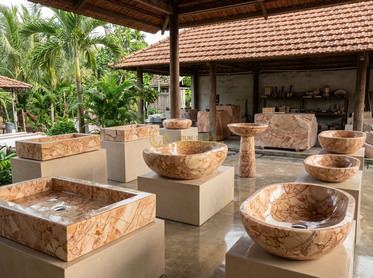 Ang Nước Bằng Đá Nguyên Khối Có Tốt Không? Ưu Nhược Điểm Thực Tế 2026 - Customer selecting high-quality monolithic natural stone water basins at a profe