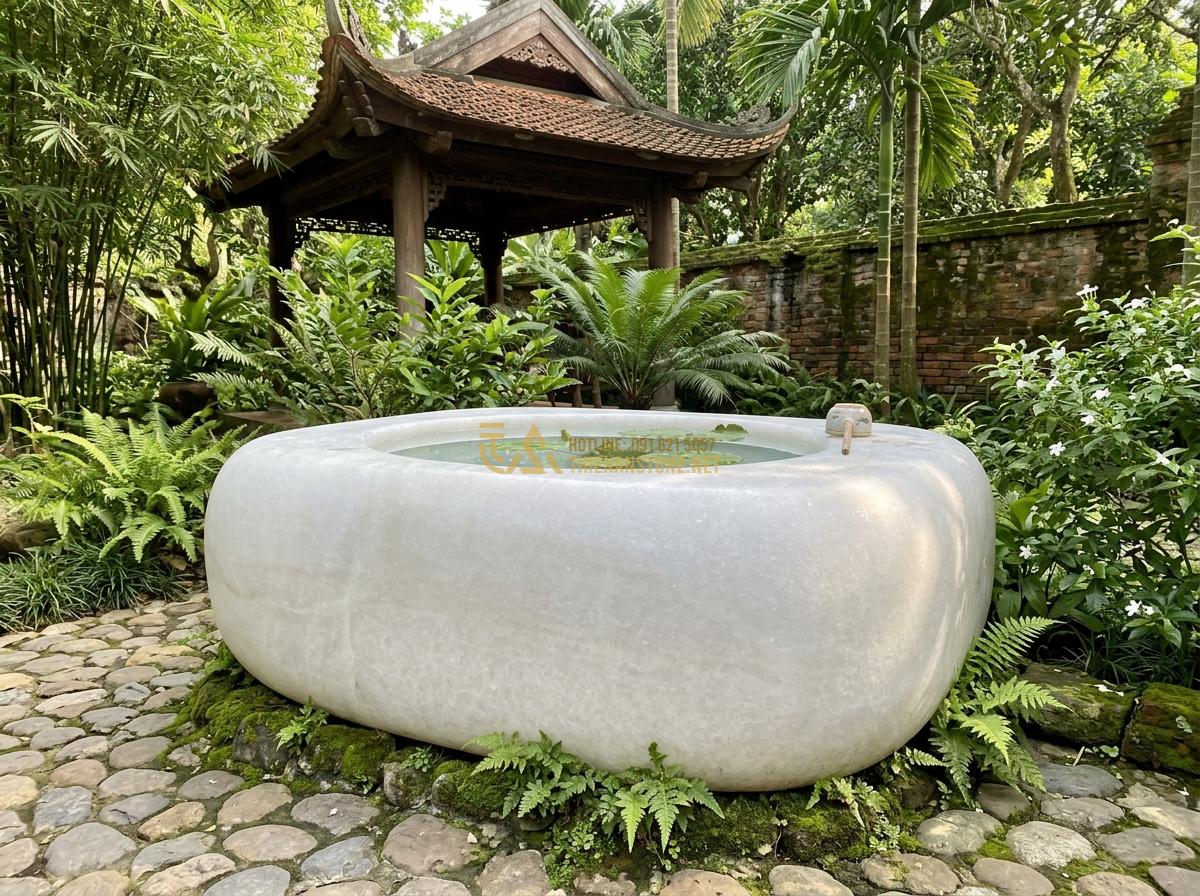 Ang Nước Bằng Đá Nguyên Khối Có Tốt Không? Ưu Nhược Điểm Thực Tế 2026 - Long-term maintained pristine monolithic natural stone water basin after years o