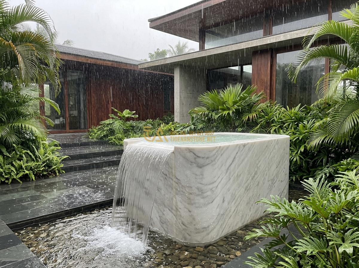 Ang Nước Bằng Đá Nguyên Khối Có Tốt Không? Ưu Nhược Điểm Thực Tế 2026 - Durable monolithic stone water basin enduring heavy tropical rain in a modern Vi