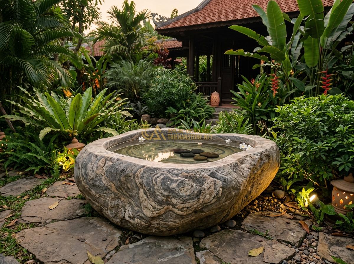 Ang Nước Bằng Đá Nguyên Khối Có Tốt Không? Ưu Nhược Điểm Thực Tế 2026 - Elegant monolithic natural stone water basin with unique natural veining pattern