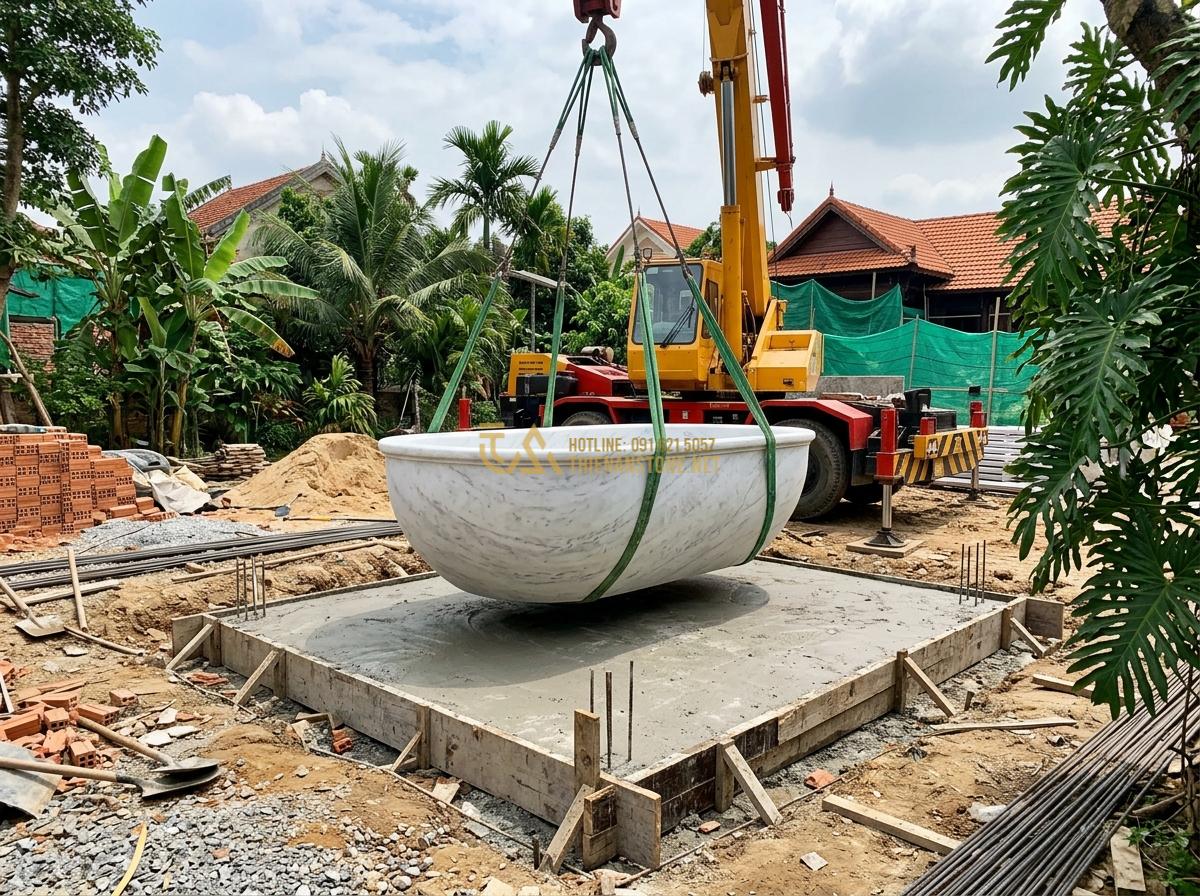 Ang Nước Bằng Đá Nguyên Khối Có Tốt Không? Ưu Nhược Điểm Thực Tế 2026 - Heavy monolithic stone water basin being carefully transported and installed wit