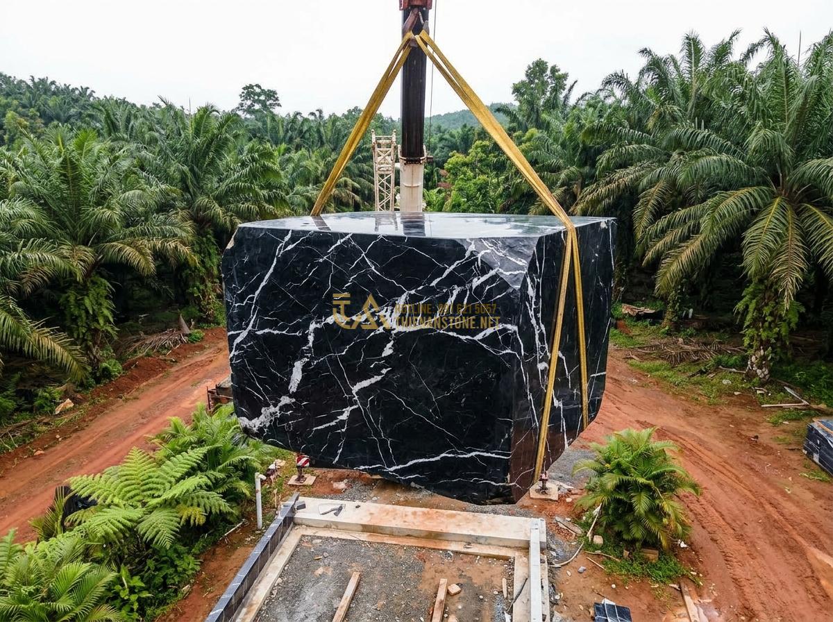 Ang Nước Bằng Đá Nguyên Khối Có Tốt Không? Ưu Nhược Điểm Thực Tế 2026 - Challenges of installing a large natural stone monolithic water basin, showing c