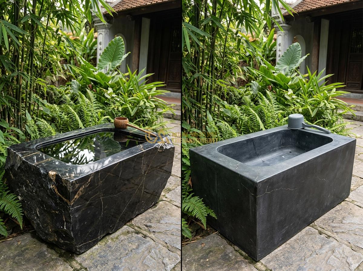 Ang Nước Bằng Đá Nguyên Khối Có Tốt Không? Ưu Nhược Điểm Thực Tế 2026 - Side-by-side comparison of monolithic natural stone water basin versus composite