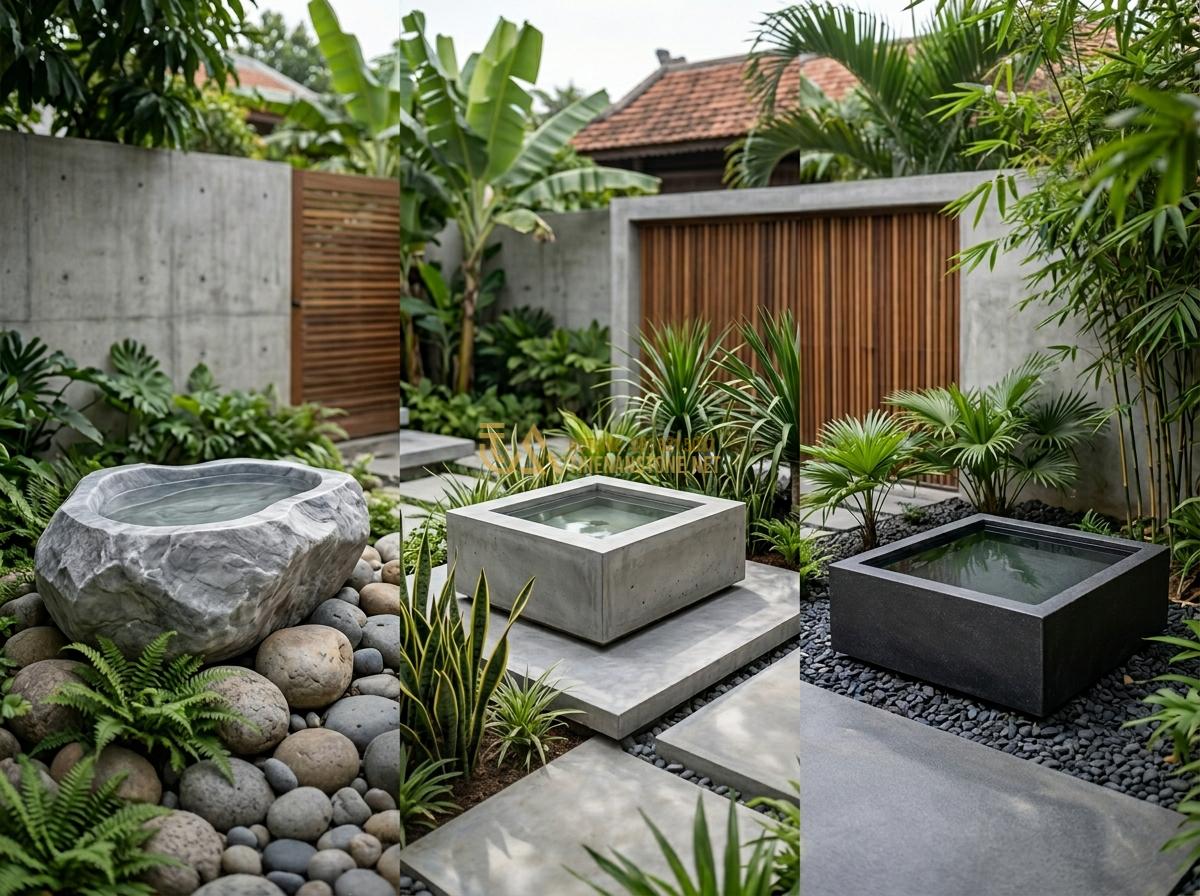 Ang Nước Bằng Đá Nguyên Khối Có Tốt Không? Ưu Nhược Điểm Thực Tế 2026 - Realistic comparison chart style image of different water basins including monol