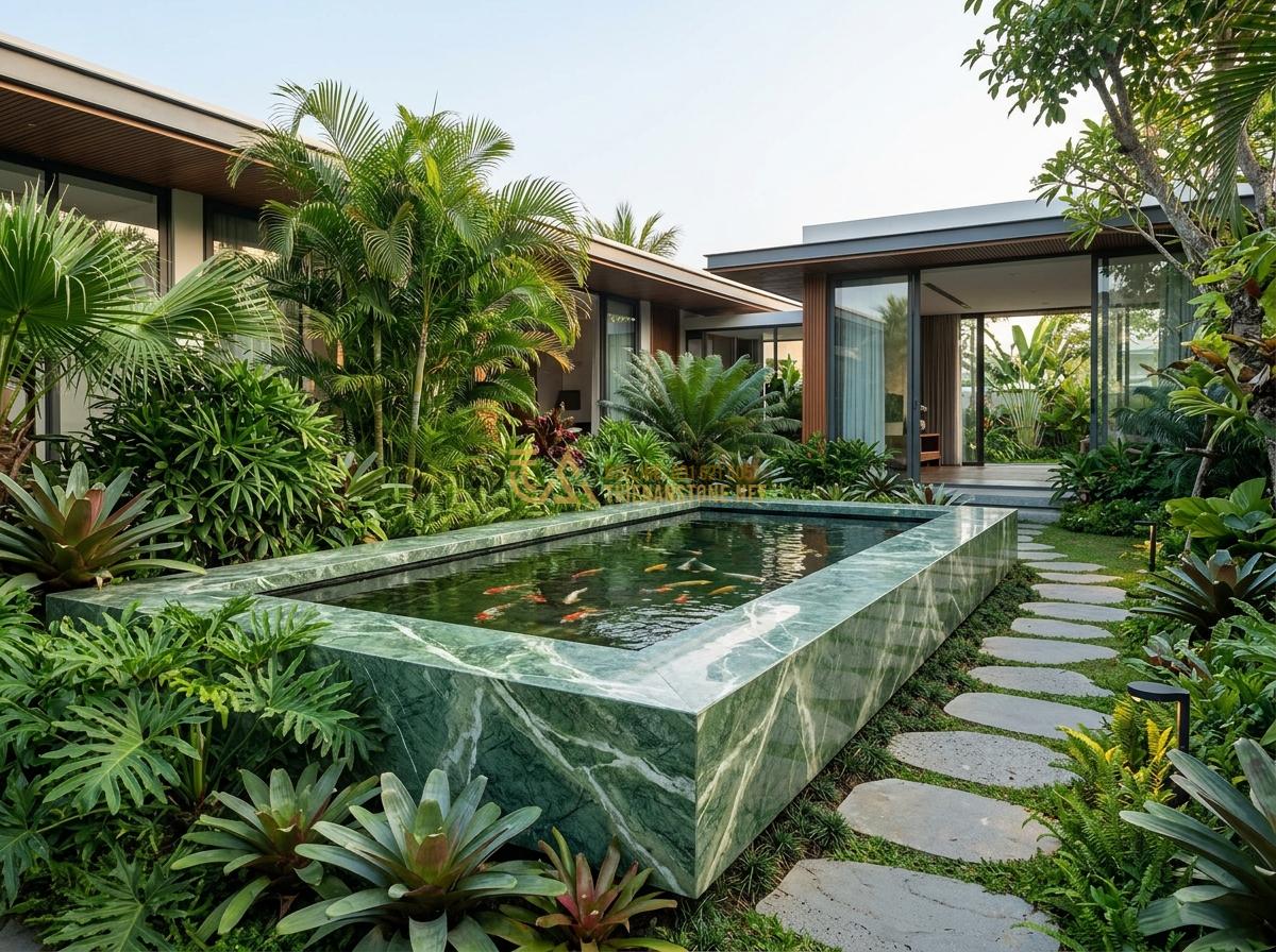 Ang Nước Bằng Đá Nguyên Khối Có Tốt Không? Ưu Nhược Điểm Thực Tế 2026 - Luxury resort garden featuring large monolithic stone water basin as focal point